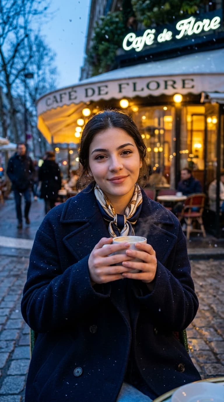 Retrato Fotorealista: Elegância de Inverno em Paris